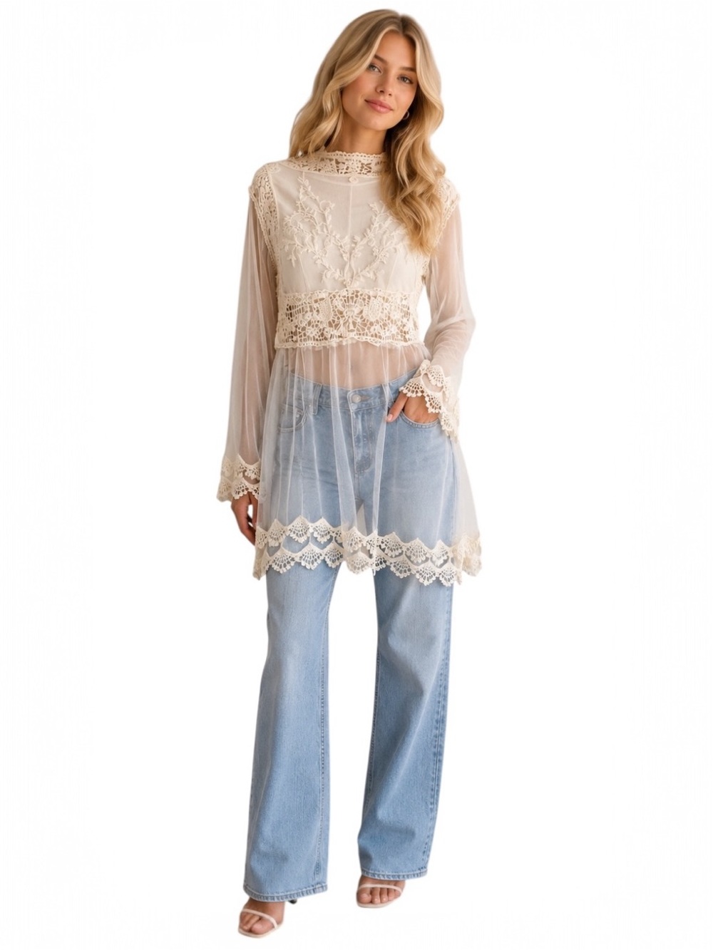 Sheer Lace Crochet Tunic Top in Cream by